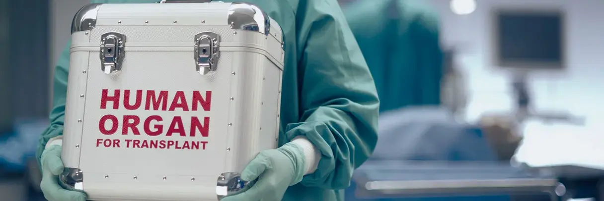 Organtransplantation Foto: Mann transportiert Spenderorgan in einem Spezialbehälter