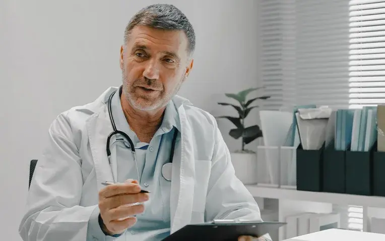 Arzt im Gespräch mit Patientin, zum Beispiel zur Diagnostik.