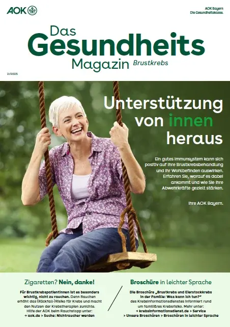 Titelseite AOK-Gesundheitsmagazin Brustkrebs – Ausgabe 2/2025