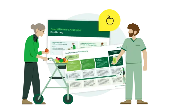 Illustration mit einer älteren Frau und Einkaufswagen und einem jungen Pfleger vor der Checkliste Ernährung