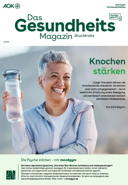Titelbild des AOK-Gesundheitsmagazins Brustkrebs – Ausgabe 3/2026 
