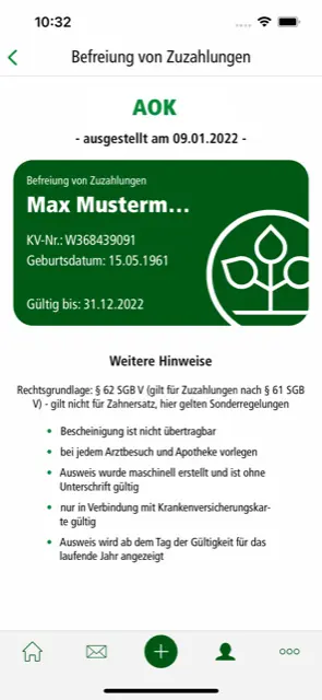 Zuzahlungsbefreiung, Screenshot der App: Meine AOK Zuzahlungsbefreiung, Screenshot der App: Meine AOK
