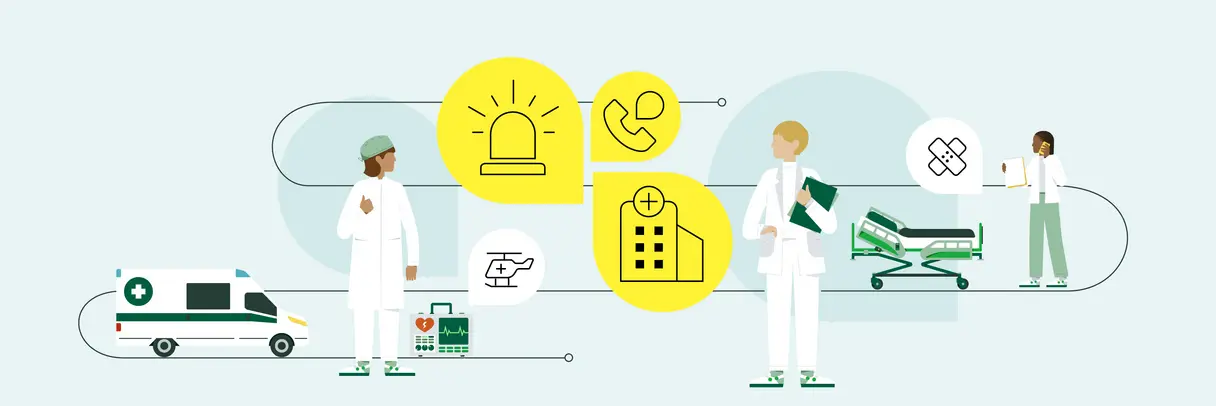Titelillustration mit Elementen der Notfallversorgung: Rettungswagen, Sirene, Telefon, medizinisches Personal, Liege für den Krankentransport