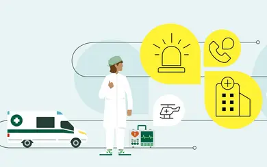 Titelillustration mit Elementen der Notfallversorgung: Rettungswagen, Sirene, Telefon, medizinisches Personal, Liege für den Krankentransport