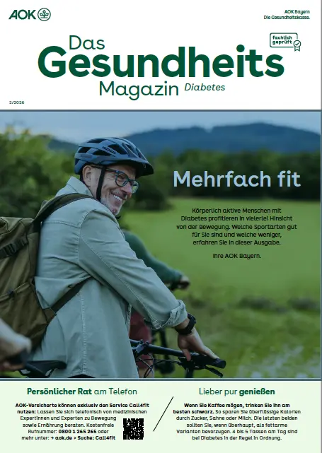 Titelseite AOK-Gesundheitsmagazin Diabetes – Ausgabe 2/2026