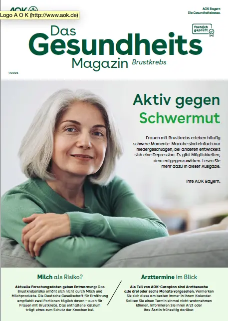Titelseite AOK-Gesundheitsmagazin Brustkrebs – Ausgabe 1/2026