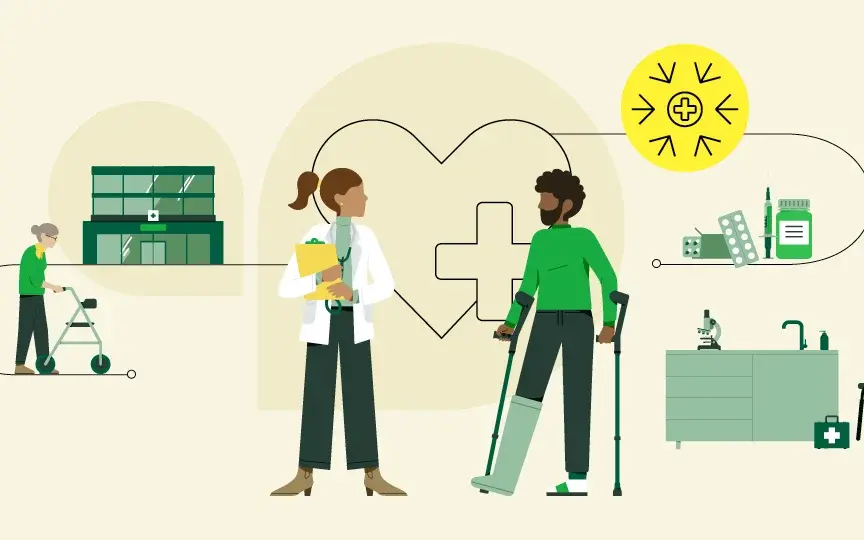 Titelillustration: Ärztin mit Unterlagen im Arm spricht mit Patient auf Krücken und Beinschiene. Links im Bild Seniorin mit Rollator vor einer Klinik, rechts ein ambulanter und Laborarbeitsplatz mit Arzneimitteln – darüber gelbes Zielsymbol mit Kreuz. Alle Szenen werden durch Linien in Herzform verbunden – Visualisierung einer guten sektorenübergreifenden Versorgung.