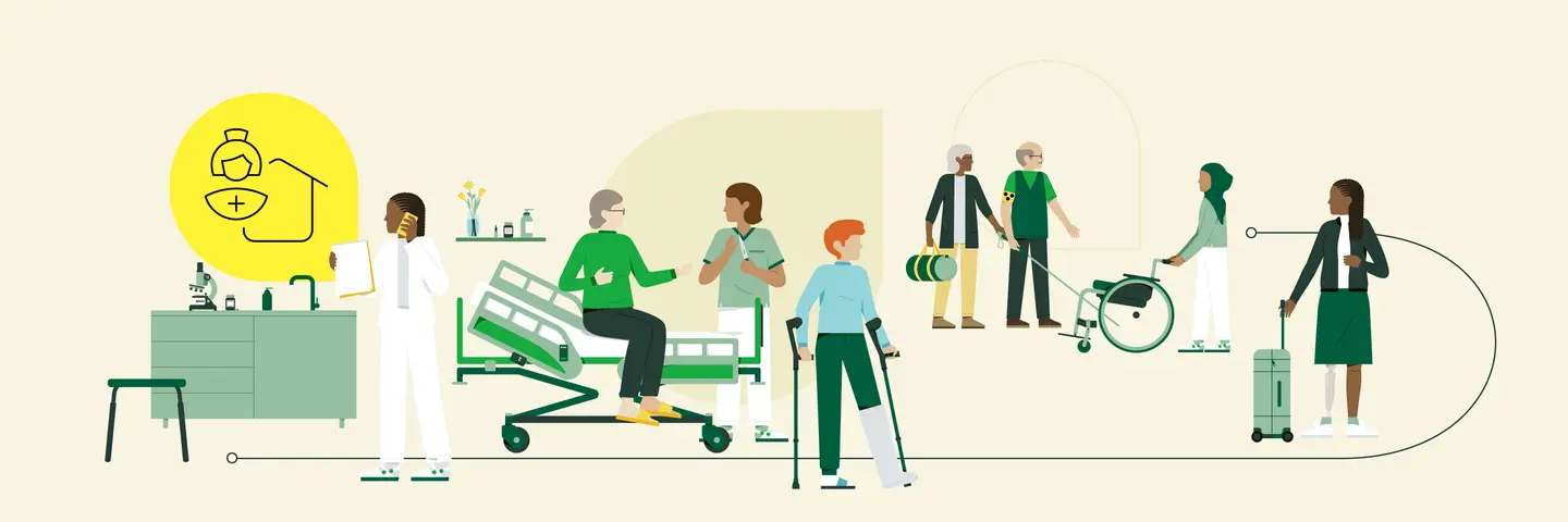 Illustration mit medizinischem Personal und Patienten in verschiedenen Situationen: Ärztin am Schreibtisch, Patient auf Krankenhausbett, Patient mit Krücken, Rollstuhlfahrer mit Begleitung, Person mit Koffer.