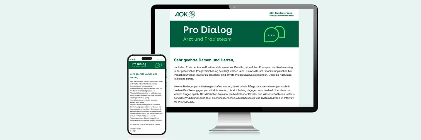 Das Bild zeigt einen Desktop- und einen Smartphone-Bildschirm. Auf beiden ist der Pro-Dialog-Newsletter der AOK geöffnet.