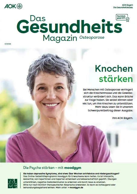 Titelbild des AOK-Gesundheitsmagazins Osteoporose – Ausgabe 3/2026 