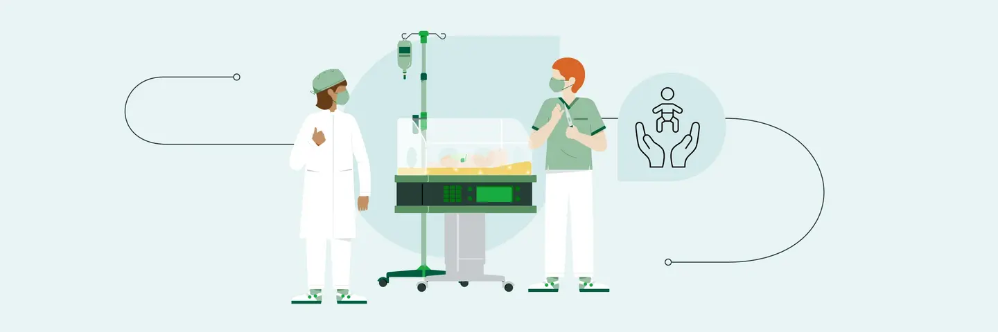 Illustration zu einer Neonatalstation: Zwei medizinische Fachkräfte in OP-Kleidung stehen an einem Inkubator mit einem Neugeborenen, daneben ein Infusionsständer. Die Szene vermittelt professionelle Versorgung und Fürsorge für frühgeborene Kinder; rechts ergänzt ein Symbol mit Händen und Baby die Aussage des Motivs.