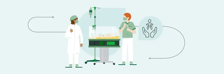 Illustration zu einer Neonatalstation: Zwei medizinische Fachkräfte in OP-Kleidung stehen an einem Inkubator mit einem Neugeborenen, daneben ein Infusionsständer. Die Szene vermittelt professionelle Versorgung und Fürsorge für frühgeborene Kinder; rechts ergänzt ein Symbol mit Händen und Baby die Aussage des Motivs.