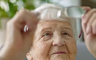 Ältere Frau hält eine Brille vor ihr Gesicht und blickt nach oben