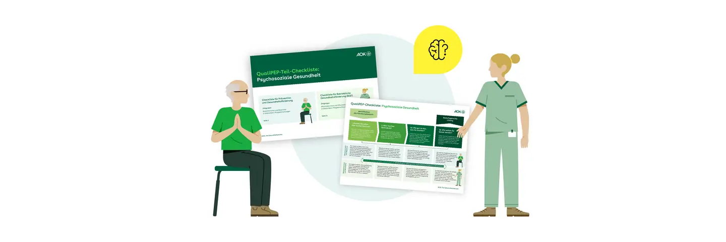 Illustration mit meditierendem älterne Mann und Pflegekraft vor den Checklisten.