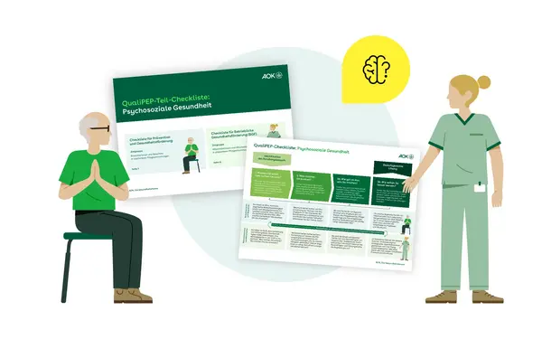 Illustration mit meditierendem älterne Mann und Pflegekraft vor den Checklisten.