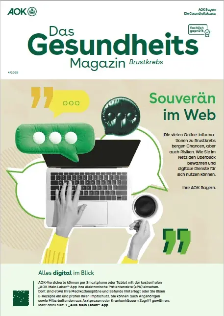 Titelseite AOK-Gesundheitsmagazin Brustkrebs – Ausgabe 4/2025
