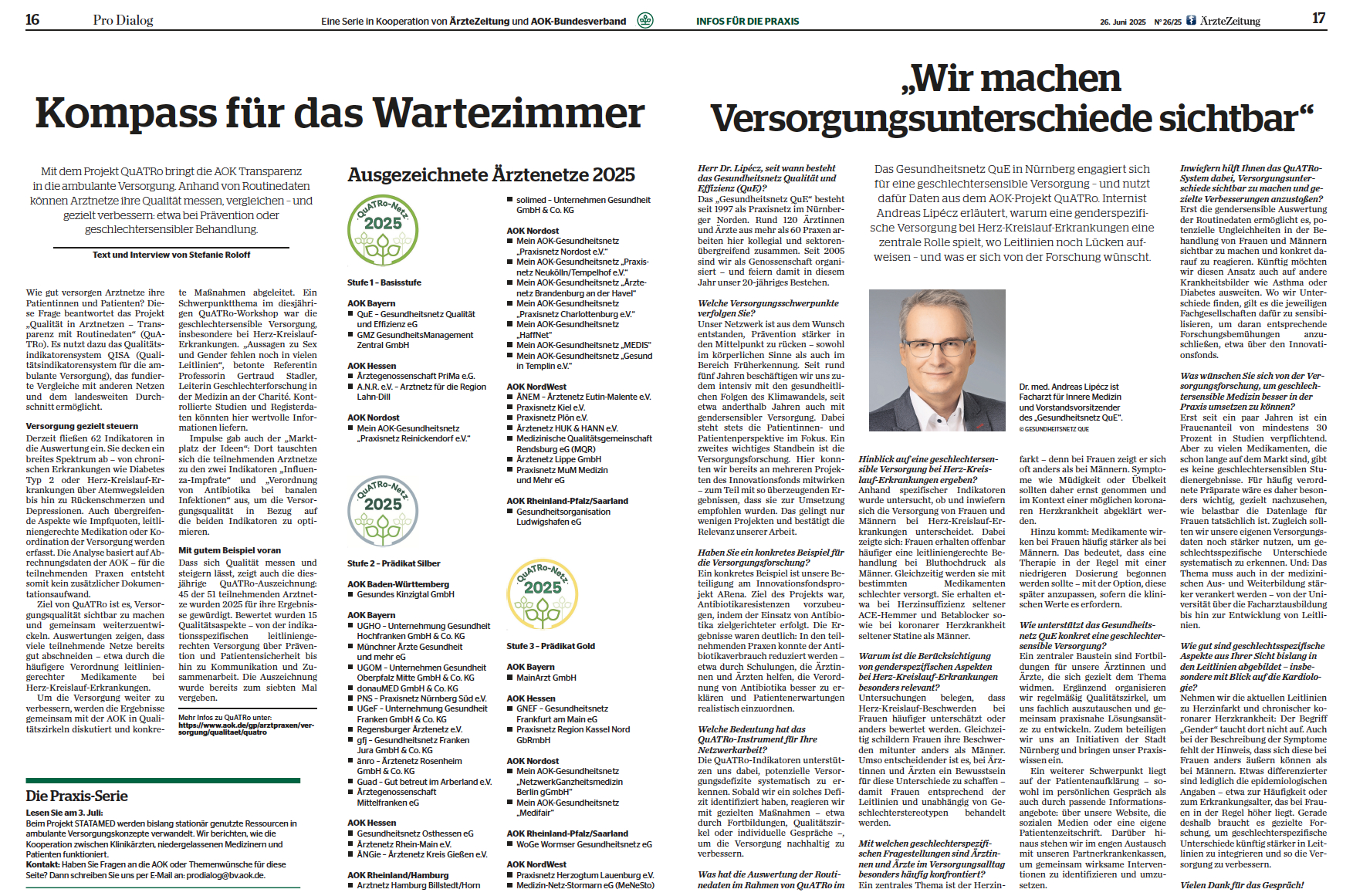 Zeitungsartikel vom 26. Juni 2025 über das AOK-Projekt QuATRo mit Auszeichnungen für Ärztenetze 2025 und Interview mit Dr. Andreas Lipecz.