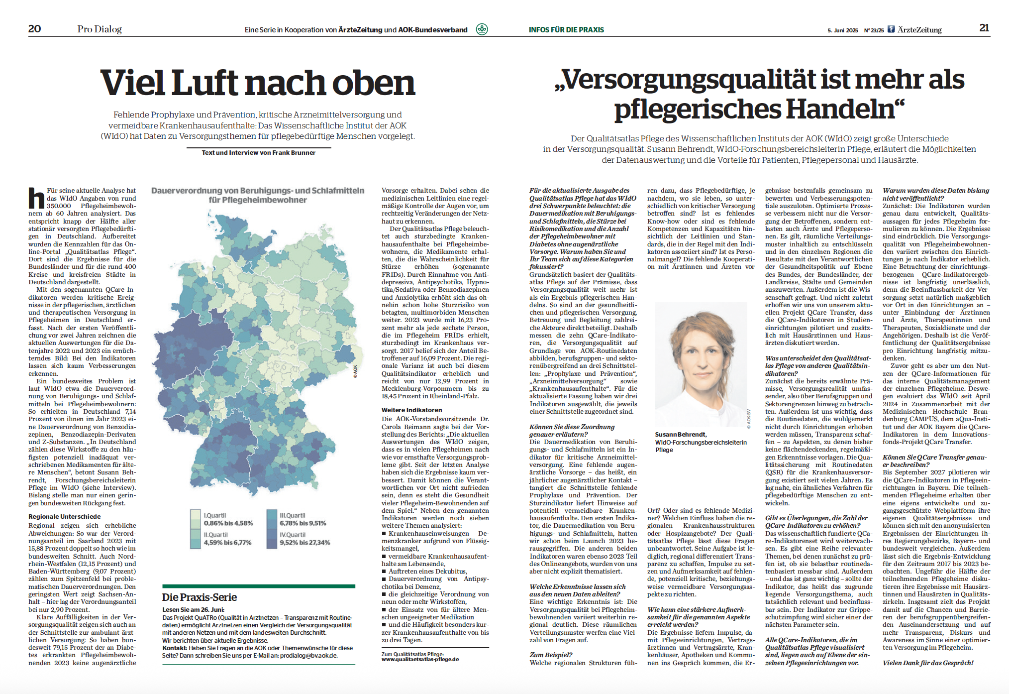 Zweiseitiger Zeitungsartikel aus PRO DIALOG vom 5. Juni 2025 mit den Überschriften 'Viel Luft nach oben' und 'Versorgungsqualität ist mehr als pflegerisches Handeln' über Pflegequalität und Versorgungsstandards.