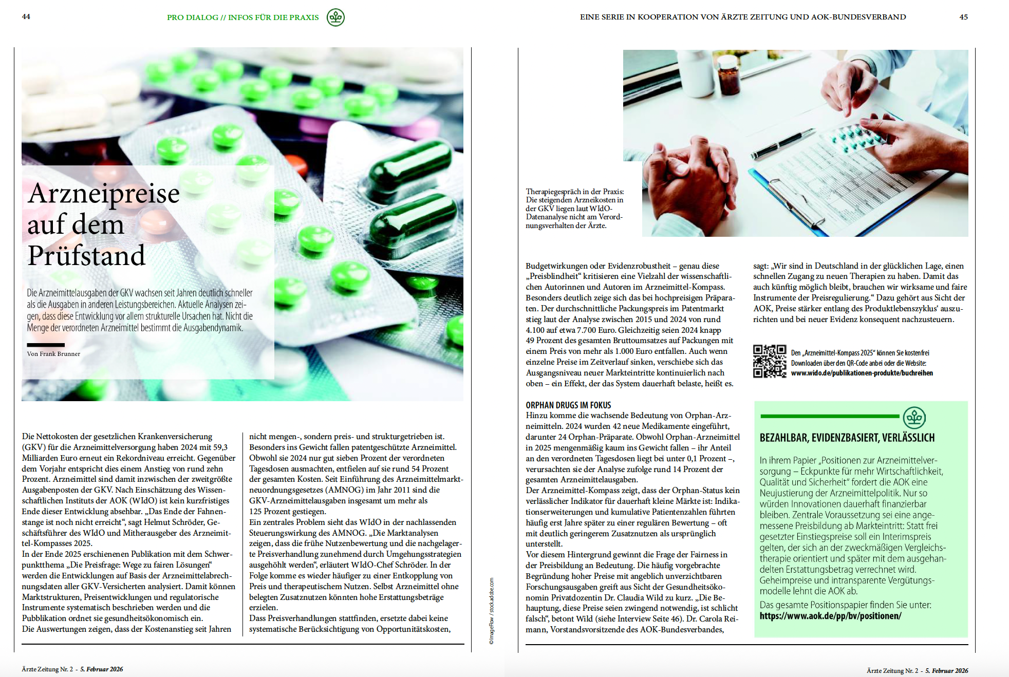Das Bild zeigt zwei Seiten von Pro Dialog vom 5. Februar 2026. Pro Dialog sind AOK-Sonderseiten in der Ärzte-Zeitung.