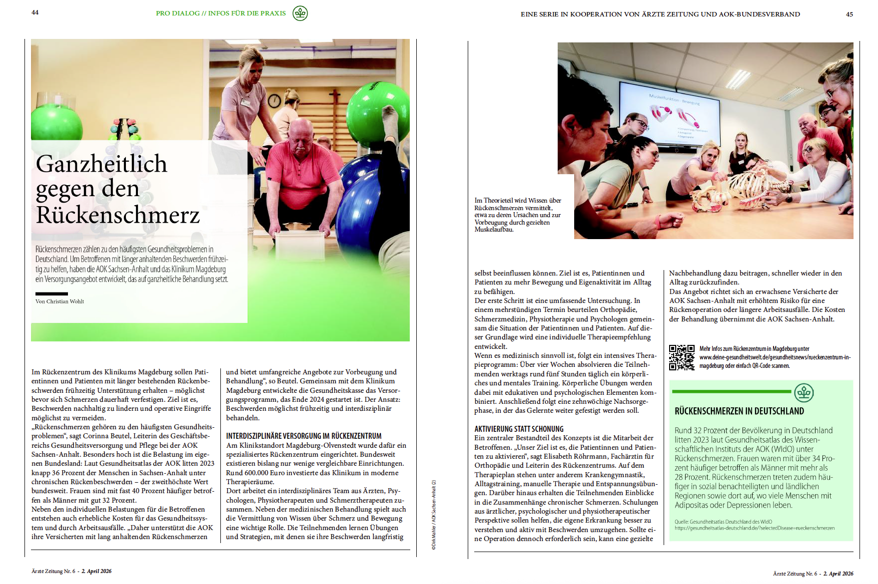 Pro Dialog vom 2. April 2026: Das Aufmacherbild zeigt mehrere Personen beim Training mit Gymnastikbällen in einem hellen Raum, während eine Person im Vordergrund auf einer Matte liegt und von einer weiteren Person betreut wird.