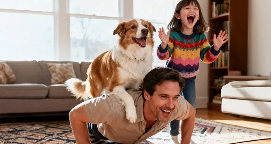 Ein Mann trägt einen Hund auf dem Rücken und ein Mädchen steht lachend daneben