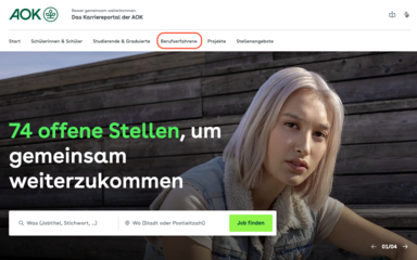 Ein Bild-Schirm-Foto zeigt die Start-Seite. Im Web-Seiten-Menü ist Berufserfahrene rot markiert.