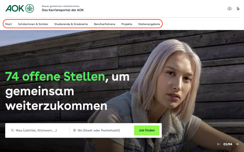 Ein Bild-Schirm-Foto zeigt die Start-Seite. Das Web-Seiten-Menü ist rot markiert.