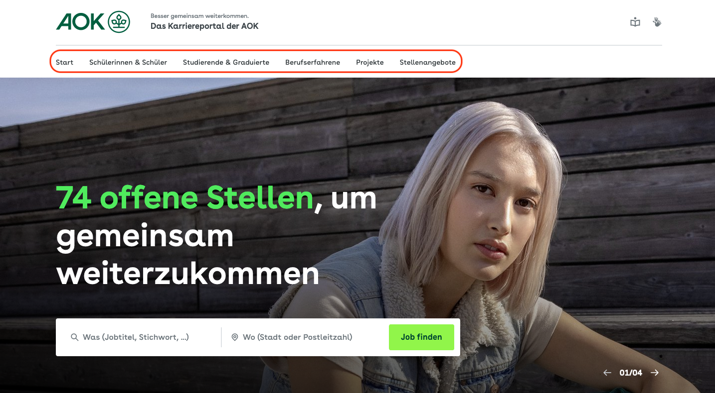 Ein Bild-Schirm-Foto zeigt die Start-Seite. Das Web-Seiten-Menü ist rot markiert.