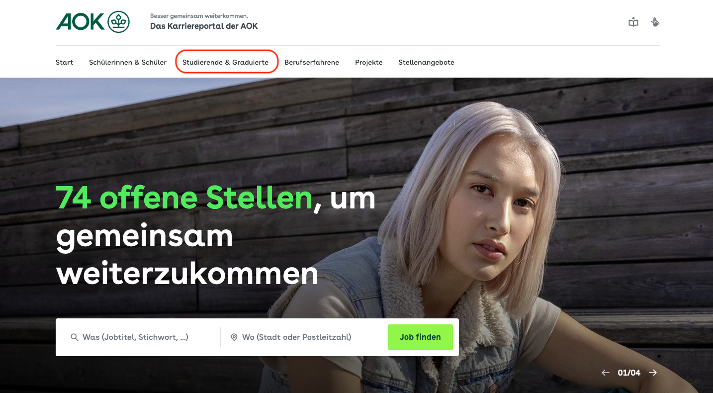 Ein Bild-Schirm-Foto zeigt die Start-Seite. Im Web-Seiten-Menü ist Studierende und Graduierte rot markiert.