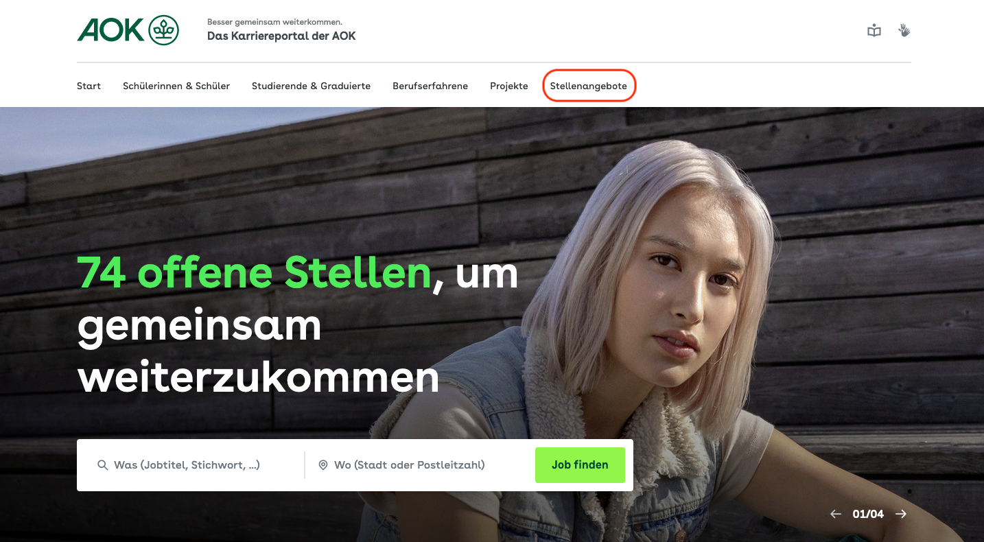 Ein Bild-Schirm-Foto zeigt die Start-Seite. Im Web-Seiten-Menü ist Stellenangebote rot markiert.