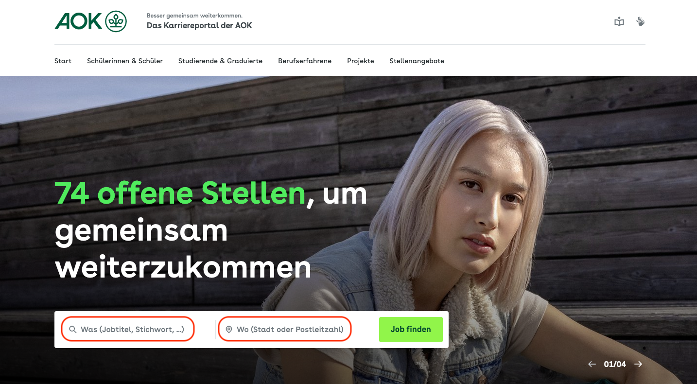 Ein Bild-Schirm-Foto zeigt die Start-Seite. Die Such-Felder im Titel der Start-Seite sind rot markiert.