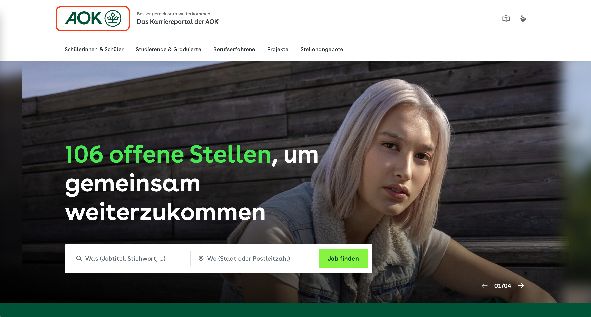 In einem Bild-Schirm-Foto der AOK Karriere-Seite ist das AOK-Zeichen rot markiert.