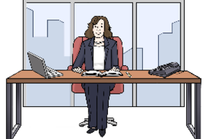 Eine Zeichnung zeigt eine Frau an einem Schreibtisch.