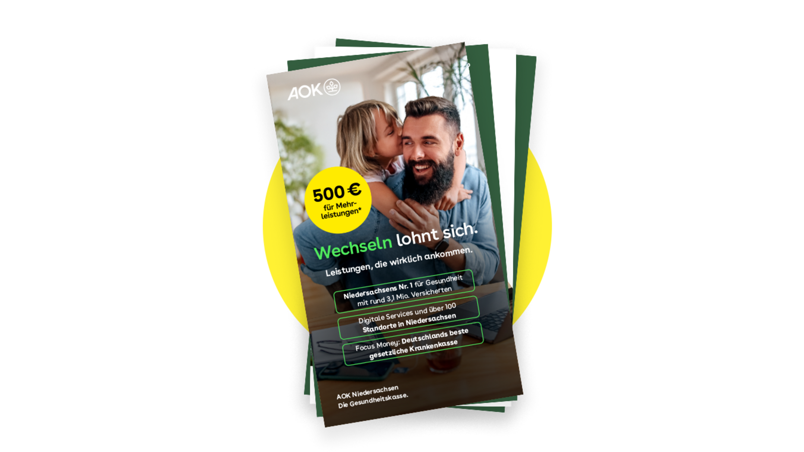 Grafische Darstellung eines digitalen Infopakets der AOK Niedersachsen auf gelbem Hintergrund mit Titel „Wechseln lohnt sich“.