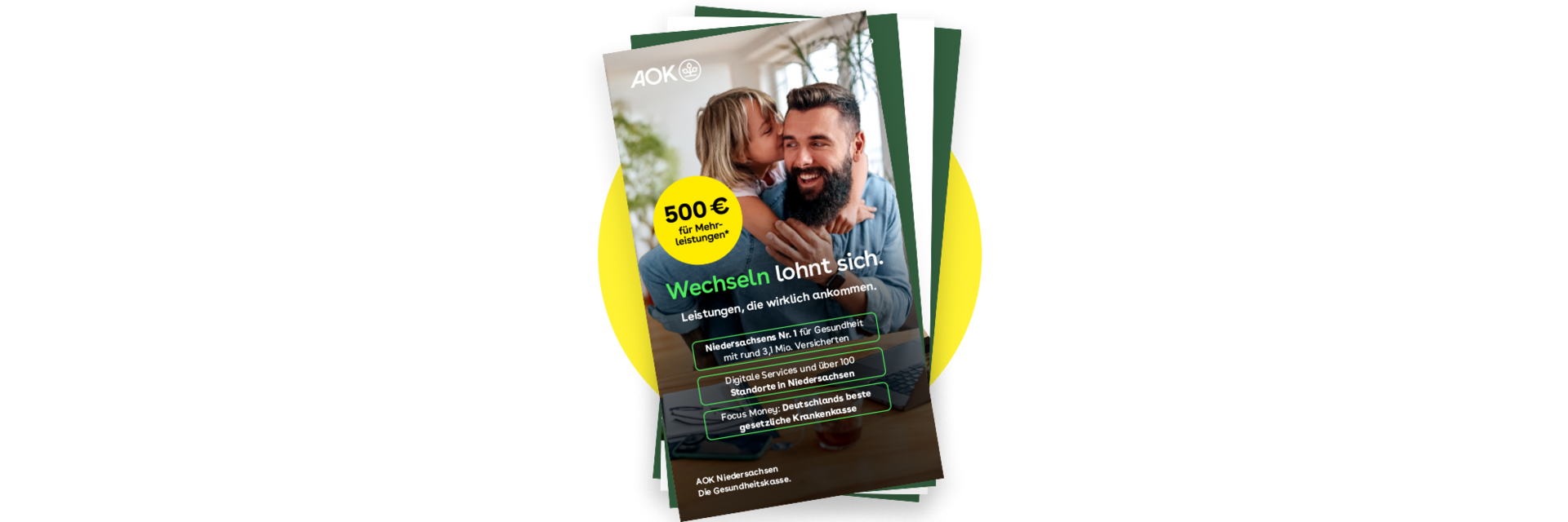 Grafische Darstellung eines digitalen Infopakets der AOK Niedersachsen auf gelbem Hintergrund mit Titel „Wechseln lohnt sich“.