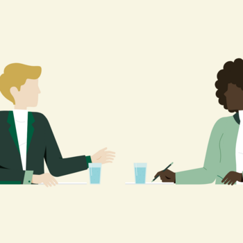 Illustration zeigt zwei Personen im Gespräch.