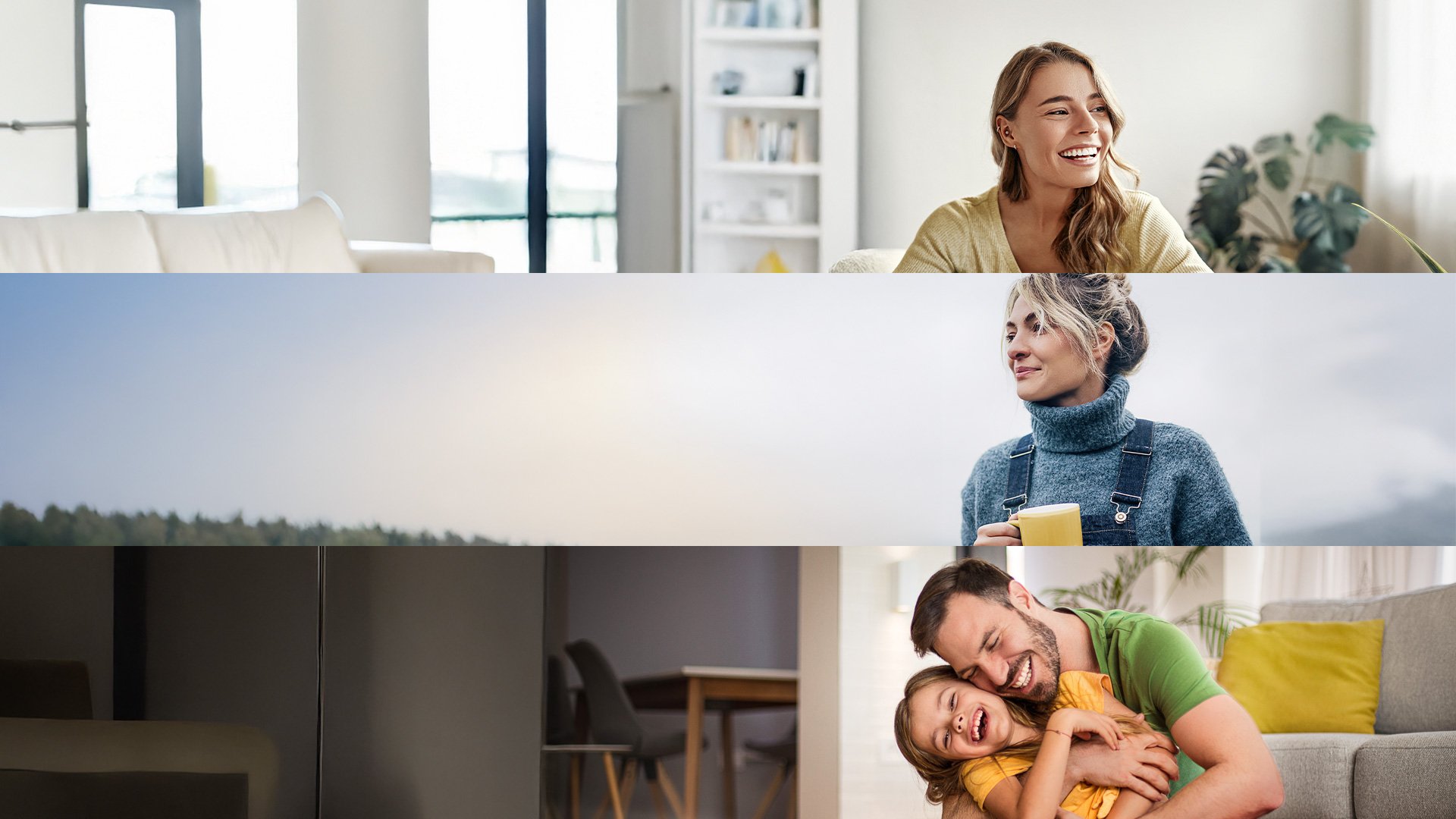 Collage mit drei Szenen: Eine junge Frau lächelt mit Kaffee in der Hand, eine Frau mit warmem Pullover hält einen Becher und schaut nachdenklich in die Ferne, darunter ein Vater lacht herzlich und umarmt seine Tochter zu Hause auf dem Sofa.