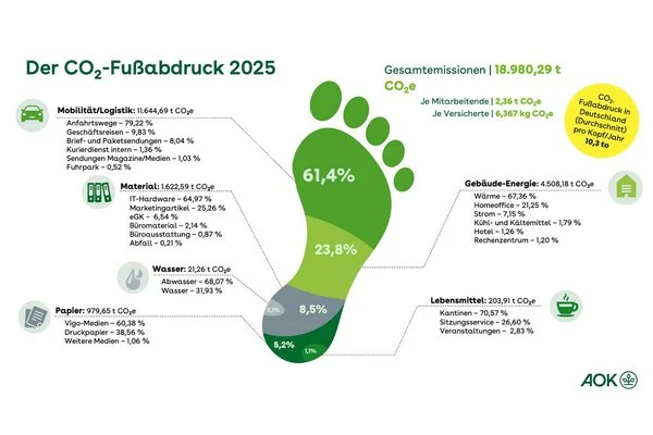 Das Bild zeigt einen gemalten Fuß und neun Stränge zu verschiedenen Themen, die den CO2-Fußabdruck ausmachen.