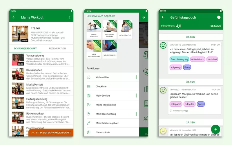 Mit der AOK Schwanger App können werdende Mütter spezielle Workouts durchführen und ein Gefühlstagebuch führen.
