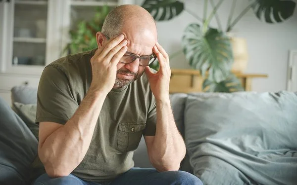 Ein Mann mittleren Alters sitzt leicht nach vorne gebeugt zu Hause auf der Couch und fasst sich mit den Händen an den Kopf.