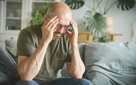 Ein Mann mittleren Alters sitzt leicht nach vorne gebeugt zu Hause auf der Couch und fasst sich mit den Händen an den Kopf.