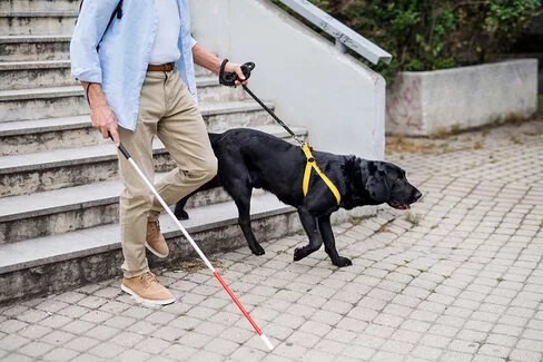 Ein Mann geht mit Blindenführhund und Stock die Treppe hinunter. Die AOK übernimmt die Kosten für Blindenführhunde.