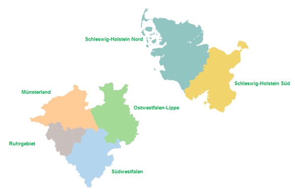 Auf dem Bild sind die sechs Service-Regionen der AOK NordWest abgebildet.