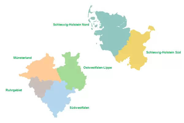 Auf dem Bild sind die sechs Service-Regionen der AOK NordWest abgebildet.