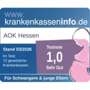 Zu sehen ist das blaue Siegel von krankenkasseninfo.de, mit einer Illustration einer schwangeren Frau rechts im Bild und dem Text Testnote 1,0 – Sehr gut.