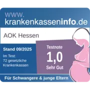 Zu sehen ist das blaue Siegel von krankenkasseninfo.de, mit einer Illustration einer schwangeren Frau rechts im Bild und dem Text Testnote 1,0 – Sehr gut.