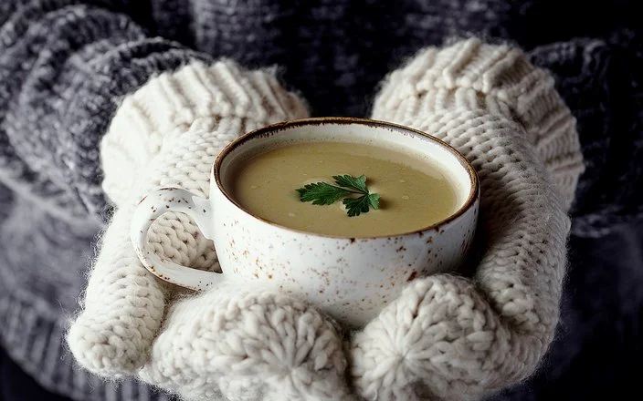 Hände in Wollhandschuhen halten eine dampfende Suppe in schöner Tasse.