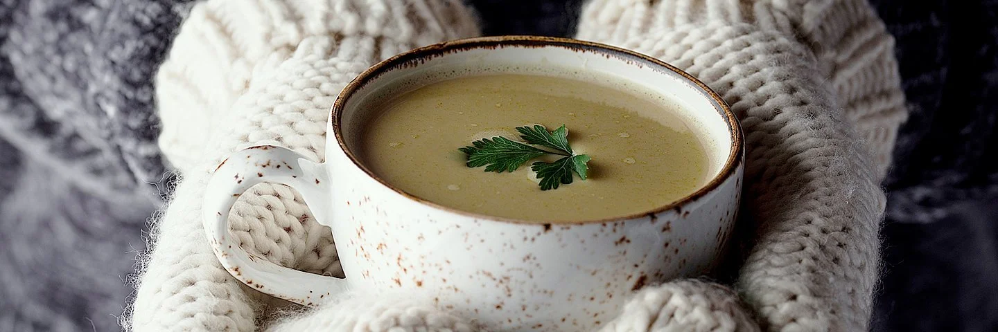 Hände in Wollhandschuhen halten eine dampfende Suppe in schöner Tasse.