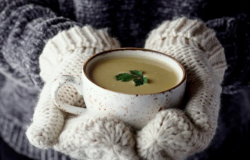 Hände in Wollhandschuhen halten eine dampfende Suppe in schöner Tasse.