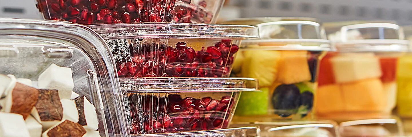 In Plastikbehältern verpacktes Obst, Granatapfelkerne und Kokosnussstücke.